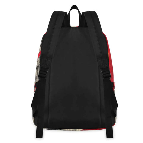 Back view of Lion Sunglass Backpack With Insulated Cooler Lunch Box, black straps, red accents, lightweight nylon material.