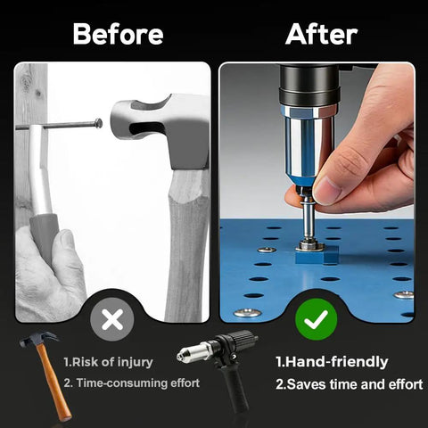 Comparison of manual riveting with a hammer versus using Electric Rivet Gun Adapter Kit For Drills for easy rivet application