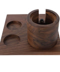 Heavy Duty Wooden Knock Box And Espresso Tamper Station Delivers Smooth Operator Vibes Straight To Your Kitchen Counter with polished walnut base.