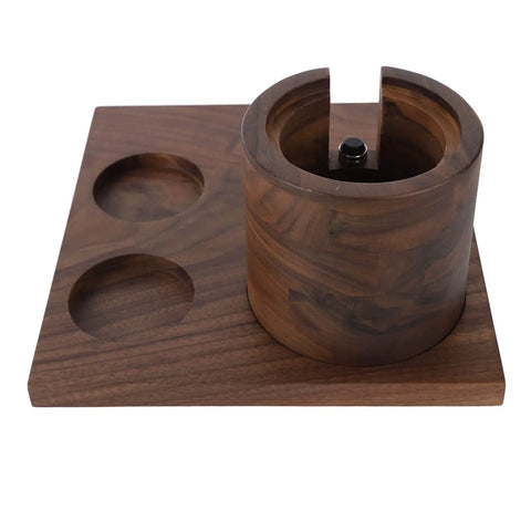 Heavy Duty Wooden Knock Box And Espresso Tamper Station Delivers Smooth Operator Vibes Straight To Your Kitchen Counter with polished walnut base.