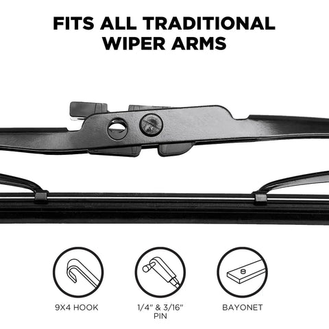 Built Like A Tank All Weather Windshield Wiper Blades 18 Inch driver and passenger side connectors fit traditional wiper arms.