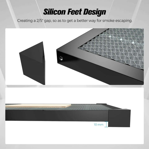 Creality honeycomb laser bed with aluminum panel; close-up honeycomb surface and side profile at 19.7 x 19.7 inches