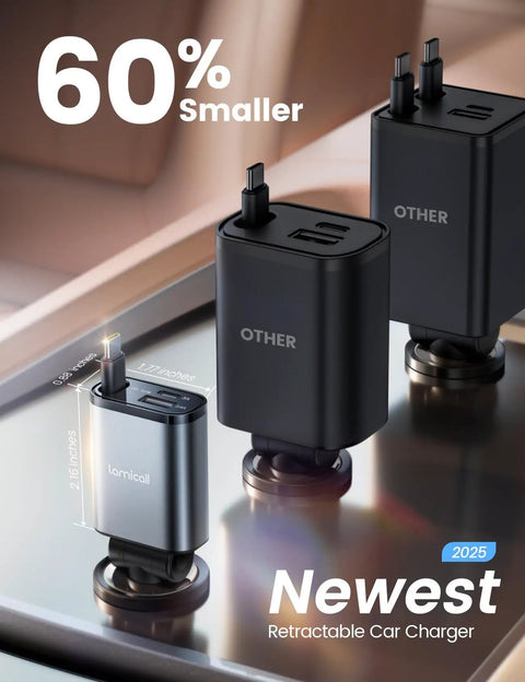 Ultra Slim 57W 3 In 1 USB C Car Charger Retractable And 180 Degree Rotatable Design fast charging adapters on table surface