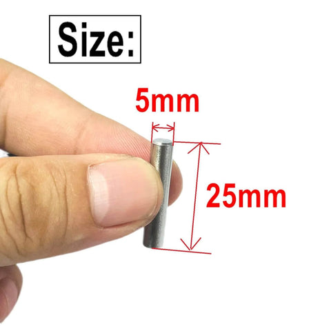 5mm x 25mm Metal Dowel Pins 50 Pack For Wood Furniture And Shelves held by hand, showing size and precise ground finish