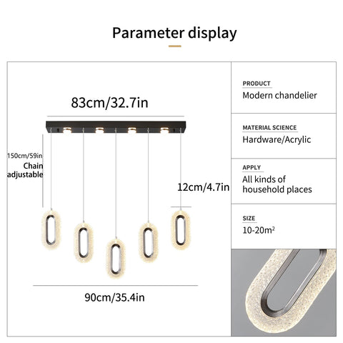 Parameter display for 60W Dimmable LED Pendant Chandelier With Remote Control, 5-Light Slick Modern Black Fixture