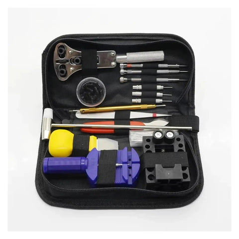 147 Piece Watch And Clock Repair Tool Kit with link pin dissolver, strap opener, and spring bar remover in black case.