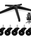 28 Inch Heavy Duty Office Chair Base Replacement With Wheels Set Of 5 Universal Gas Cylinder Hole Caster Sockets, black nylon material.