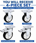 Heavy Duty Three Inch Caster Set With Two Fixed Trackers And Two Bulletproof Locking Swivel Wheels, Four casters with thick black polyurethane tires.
