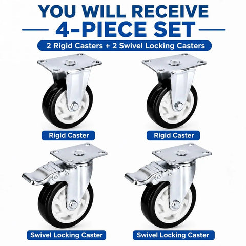 Heavy Duty Three Inch Caster Set With Two Fixed Trackers And Two Bulletproof Locking Swivel Wheels, Four casters with thick black polyurethane tires.