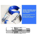One Quarter Inch Swivel Joint For Spray Gun Hose 360 Degree Rotation Heavy Duty Rock Solid Stainless Steel 304 Construction Built To Last Corrosion Resistant For Airless Paint Sprayers And High Pressure Hoses, shown with hose