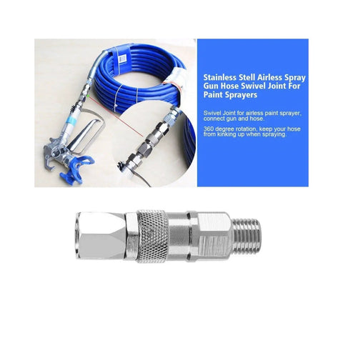 One Quarter Inch Swivel Joint For Spray Gun Hose 360 Degree Rotation Heavy Duty Rock Solid Stainless Steel 304 Construction Built To Last Corrosion Resistant For Airless Paint Sprayers And High Pressure Hoses, shown with hose