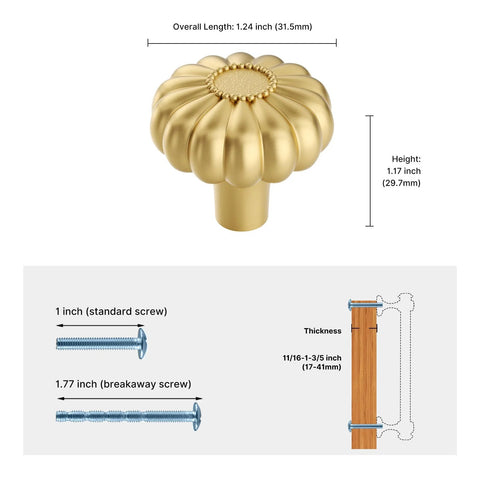 8 Pack Gold Brushed Brass Cabinet Knobs and Drawer Pulls for Kitchen Cupboards decorative solid zinc alloy handle with screws diagram