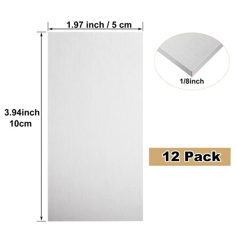 Product dimensions of 12 Pack Aluminum Sheets 2 X 4 X One Eighth Inch 6061 T6 Plate For Weld Practice Kit shown in a diagram.