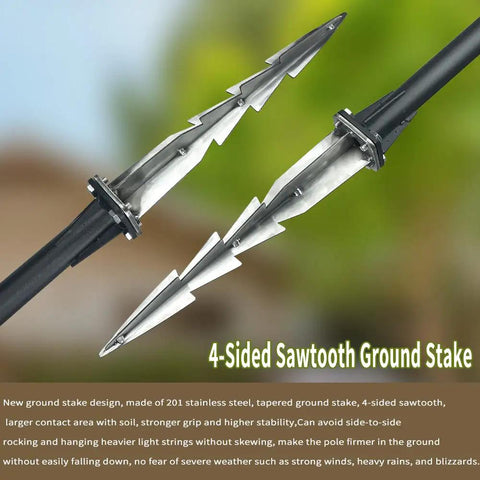 Heavy Duty Outdoor String Light Poles 10 Ft 3 In 1 Kit with 4-sided stainless steel sawtooth ground stake detail, black pole.