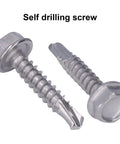 Close-up of 100 Pcs Self Tapping Stainless Steel Hex Washer Head Screws Kit With Self Drilling Point For Furniture And Mechanical Repair