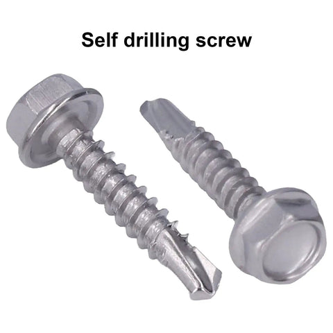 Close-up of 100 Pcs Self Tapping Stainless Steel Hex Washer Head Screws Kit With Self Drilling Point For Furniture And Mechanical Repair