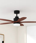 Black 52 inch ceiling fan with remote and light, five wood blades, dimmable LED, reversible DC motor in living room
