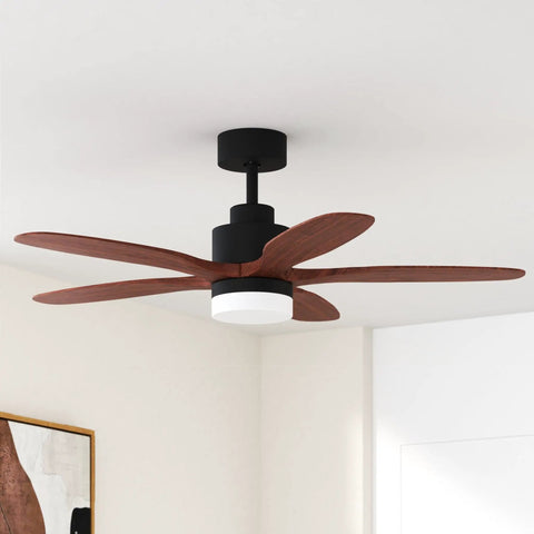 Black 52 inch ceiling fan with remote and light, five wood blades, dimmable LED, reversible DC motor in living room