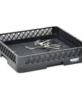 Heavy Duty Black Plastic Flatware Dishwashing Rack With Slick Mesh Bottom And Open Frame For Fast Airflow In Commercial Kitchens with utensils