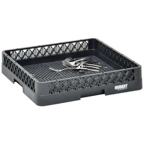 Heavy Duty Black Plastic Flatware Dishwashing Rack With Slick Mesh Bottom And Open Frame For Fast Airflow In Commercial Kitchens with utensils