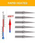 Six-Piece Replacement Tips For ET Soldering Iron, 0.02 Inch Conical Tips Pack with rapid heat indicator, 450°F temperature