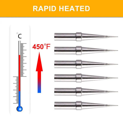 Six-Piece Replacement Tips For ET Soldering Iron, 0.02 Inch Conical Tips Pack with rapid heat indicator, 450°F temperature