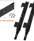 Badass Heavy Duty Keyboard Tray Guides With Ball Bearing Slides Three Fold Extensions Built To Last Thick Steel Rust Resistant Black Finish Smooth Desk Glides 10 Or 12 Inch Lengths 35 Or 60mm Lugs Easy Assembly For Pros Seeking Top Gear close-up black steel ball bearing slides