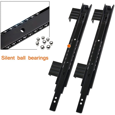 Badass Heavy Duty Keyboard Tray Guides With Ball Bearing Slides Three Fold Extensions Built To Last Thick Steel Rust Resistant Black Finish Smooth Desk Glides 10 Or 12 Inch Lengths 35 Or 60mm Lugs Easy Assembly For Pros Seeking Top Gear close-up black steel ball bearing slides