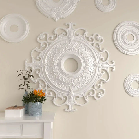 Beefy Ceiling Medallion With Forty And Three Eighths Inch Outer Diameter Inner Opening Six And Five Eighths Inches Projection Two And Seven Eighths Inches Lightweight shown on wall