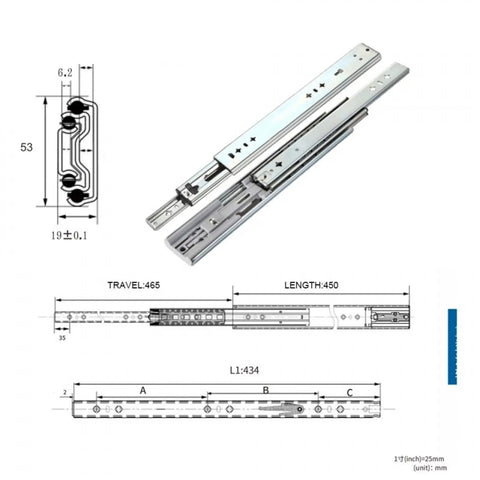 Diagram and dimensions of Beefy 53mm Steel Drawer Slide Track for Kitchen Cabinets with Ball Bearing Glide and Soft Close.