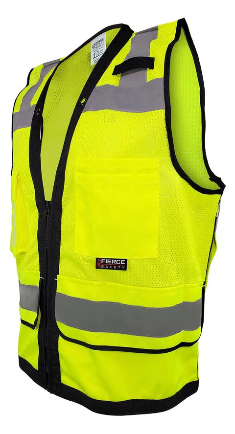 Heavy Duty Green Mesh Surveyors Vest With Loaded Tablet Pockets And Secure Id Sleeve Super Breathable Class Two Compliant Jobsite Safety Gear For Hardcore Seasoned Crews 3XL side view with reflective strips.