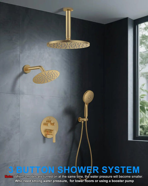 Brushed Gold Shower System With Dual 10 Inch Ceiling Rain Heads And Pressure Balance Valve Includes Multi Function Handheld Sprayer Plus Push Button Diverter For Zero Drama Bathroom Refresh