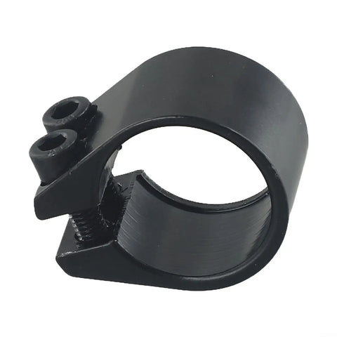 Double Bolt Aluminum Seatpost Clamp for Bikes, 31.8mm Diameter, black forged alloy, side angle view.