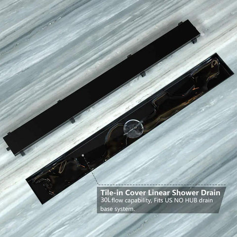 24 Inch Linear Shower Drain With Reversible 2-In-1 Tile Insert Cover In Matte Black SUS304 Stainless Steel Includes Hair Strainer Fits Standard 2-Inch Plumbing Invisible Design For Tile Or Flat Panel