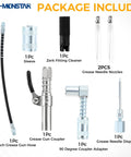 Image showing components of Grease Gun Accessory Kit With 90 Degree Coupler One Eighth Inch Fittings Needle Nozzles Sleeves And A 12 Inch Hose For Tight Spots And Hard To Reach Fittings Pro Grade Lubrication Tool Set.