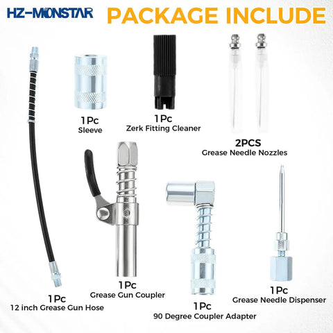 Image showing components of Grease Gun Accessory Kit With 90 Degree Coupler One Eighth Inch Fittings Needle Nozzles Sleeves And A 12 Inch Hose For Tight Spots And Hard To Reach Fittings Pro Grade Lubrication Tool Set.