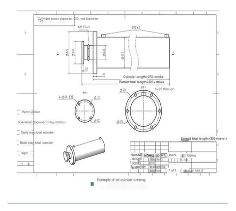 Technical drawing of Beefy Tonnage Hydraulic Cylinder 100T Front Flange Two-Way Oil Top One-Way High-Pressure Electric Lift.