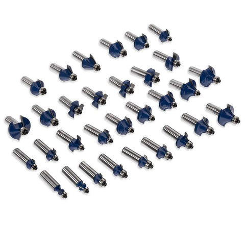 Top view of 80 Piece One Half Inch Shank Carbide Router Bit Set for Woodworking with tungsten carbide and carbon steel construction