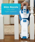 Slick Cordless Dustbuster Handheld Car Vacuum 12V cleaning narrow stair rail space with rotating and extendable nozzle.