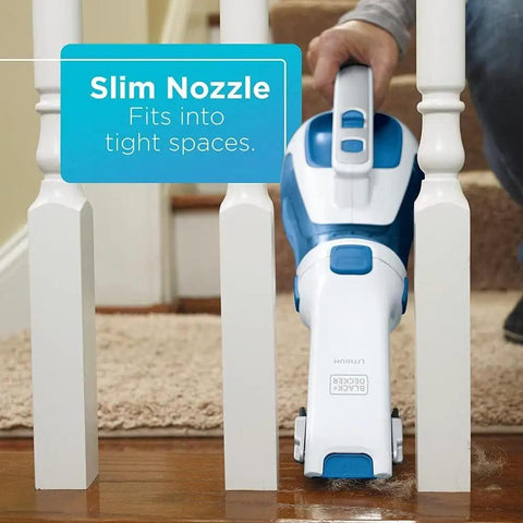 Slick Cordless Dustbuster Handheld Car Vacuum 12V cleaning narrow stair rail space with rotating and extendable nozzle.