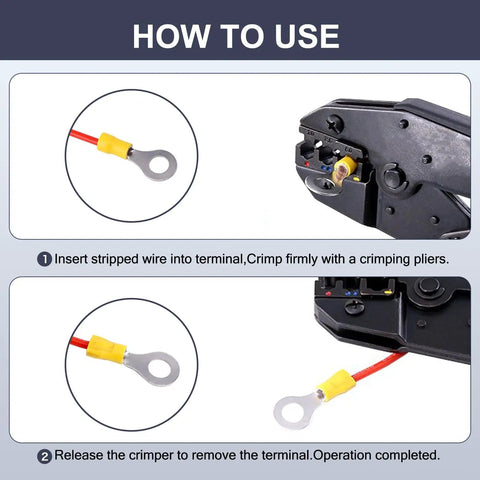 Instructions for using 210Pcs Insulated Ring Terminals Kit For 22 16GA To 12 10AWG Wires, Eyelet Sizes 8 and 10, PVC crimp connectors.