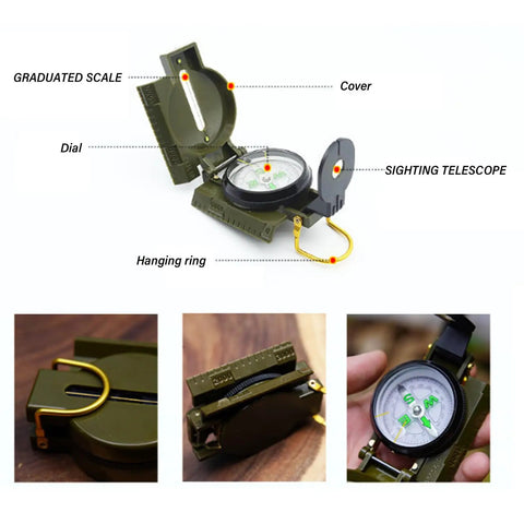 Dope Outdoor Compass For Camping And Hiking Your Go To Orienteering Tool with folding metal cover and floating dial, top view