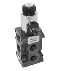Front view of Summit DV50-08S hydraulic valve block with knob control and ported body