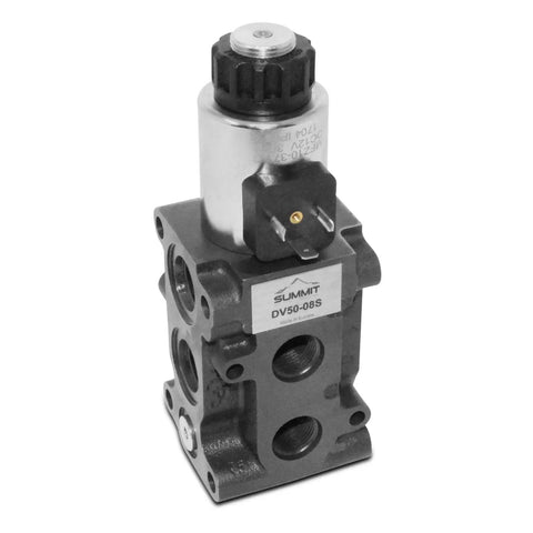 Hydraulic Multiplier Selector Diverter Valve with Joystick Handle, metal body, side view, for grapples, snow plows, augers.