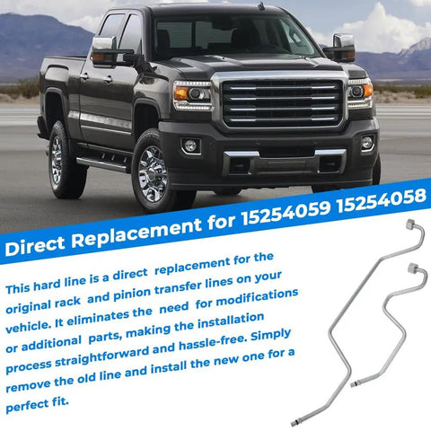 Beefed Up Rack And Pinion Transfer Lines Replacement Kit Direct Fit For 2008 2014 Tahoe Suburban Avalanche Yukon Sierra Silverado And Cadillac Escalade ESV 15254059 15254058 with truck and hard lines visible.