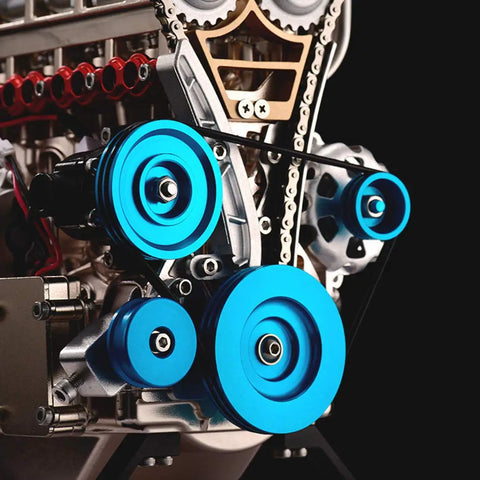 4 Cylinder Metal Engine Model Kit That Actually Works With 325 Precision Parts For DIY Car Engine Build Perfect For Gearheads And Science Buffs Aluminum Finish DM13, blue pulley close-up