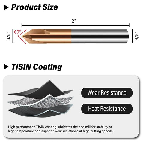 Diagram showing 3/8 inch carbide chamfer end mill with 60° V-groove, TiSIN coating illustration, dimensions, and wear resistance.