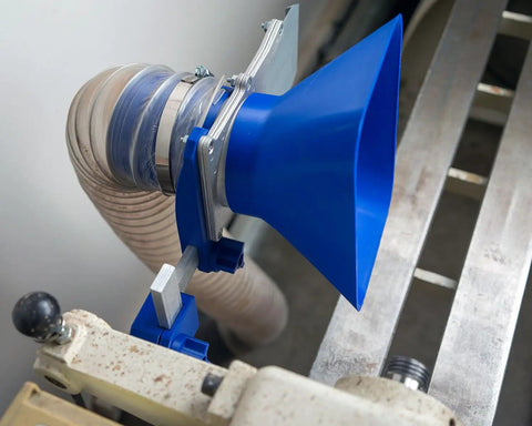 Straight Up Industrial Dust Collection Adapter For Split Bed Wood Lathe with a blue funnel mount attached to a shop vac hose.
