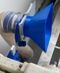 Kickass Adjustable Dust Collection Rig For Split Bed Wood Lathes With Tight Four Inch Hose Hookup showing blue plastic nozzle with hose.