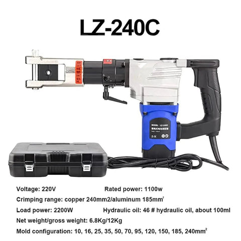Beast Mode Heavy Duty 2200W Electric Hydraulic Pliers Automatic Cable Terminal Crimping Tool Handheld Power Machine LZ-240C with case and specs.